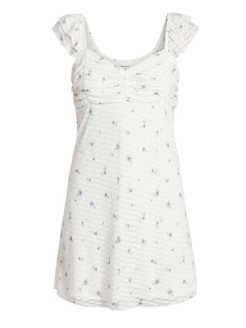 No Boundaries NWT White Mini Dress Blue Floral Print Ruffle Rushed Size Small